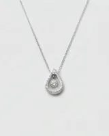 Collar de acero con dije en forma de gota adornado con circonias pavé y una piedra central colgante.