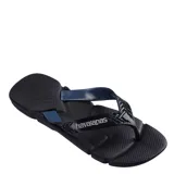Sandalias tipo ojota Havaianas modelo Power 2.0, color negro con detalles en azul oscuro en las tiras. Presentan una suela con textura antideslizante y diseño ergonómico con logo de la marca en relieve.
