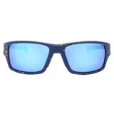 Lentes de sol unisex con marco azul con manchas amarillas y lentes espejados azules polarizados.
