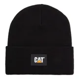 Gorro tipo beanie de tejido de punto acrílico, color negro, con vuelta en el borde y parche rectangular con el logo de CAT en el frente.
