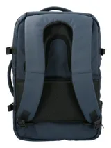 Mochila RKF azul marino de poliéster reciclado repelente al agua, con tres compartimentos independientes con cierre cremallera, compartimento para laptop de 15 pulgadas, triple bolsillo frontal con cierre cremallera, mango lateral para usar como maletín, correas ajustables, almohadillas en la espalda, pasador para maleta y broches laterales.