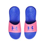 Ojotas Under Armour modelo Ansa Fix, con base azul y tira superior rosada con el logo de la marca estampado en azul.