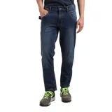 Pantalón jean de corte recto para hombre, en tono azul oscuro con efecto desteñido y costuras en contraste.