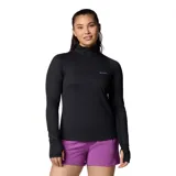 Remera deportiva de manga larga Columbia, modelo Weekend Ascent Half, color negro con media cremallera y cuello alto. Cuenta con aberturas para los pulgares en los puños y tecnología Omni-Wick para la absorción de humedad.
