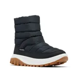 Bota de nieve Columbia modelo Snowtrot Mid, color negro, con diseño acolchado, entresuela blanca y suela de goma dentada color caramelo. Cuenta con tecnología de aislamiento térmico y forro interior para mayor calidez.