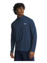 Buzo deportivo Under Armour Tech Textured de manga larga y cuello alto con medio cierre frontal, modelo 1382797. Confeccionado en tejido melange de color azul, cuenta con el logo de la marca estampado en el pecho en color blanco.