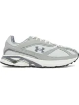 Championes Under Armour modelo Hovr Apparition, de diseño retro inspirado en el running. Presentan una combinación de malla transpirable y refuerzos de gamuza en color gris claro, con detalles en gris oscuro y blanco. Incorporan tecnología de amortiguación UA HOVR y suela de goma resistente.