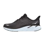 Championes de running Hoka modelo Clifton 8, color negro con suela gris oscuro. Diseño de malla transpirable con amortiguación de alto rendimiento.