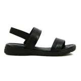 Sandalias de mujer Ramarim de suela baja, color negro, con dos tiras cruzadas en el empeine con textura sutil y tira elástica trasera para ajuste en el talón.