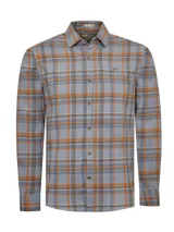 Camisa de manga larga RKF confeccionada en algodón orgánico, con diseño de cuadros en tonos azules, grises y naranjas. Presenta cuello italiano, cierre frontal con botones y logo bordado en el pecho.
