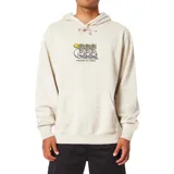 Canguro beige con capucha y cordones ajustables, bolsillo tipo canguro y puños y cintura acanalados. Estampado frontal con tres calaveras con palmeras y sol.