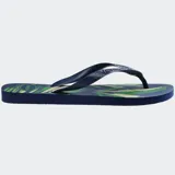 Ojotas Havaianas modelo Aloha con estampado de hojas de palmera en tonos beige, marrón y negro, sobre base blanca. Tiras blancas con textura.