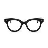 Lentes de lectura con armazón de acetato en color negro, diseño de estilo cat-eye redondeado con detalles metálicos en las esquinas frontales.