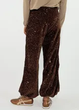 Pantalon de corte recto y holgado, confeccionado en tela cubierta de lentejuelas brillantes en color azul oscuro, con forro interior.