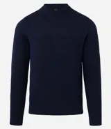 Suéter de punto para hombre con cuello redondo y manga larga. Presenta un diseño combinado con una parte superior lisa y una parte inferior con canalé texturizado horizontal. Marca Marfinno.