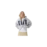 Campera con capucha de felpa gris melange, con cierre frontal completo y grandes letras "EME" aplicadas en el pecho en tono oscuro.