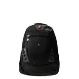 Mochila negra con detalles en gris oscuro y costuras rojas. Cuenta con múltiples compartimentos con cierre, un asa superior y el logo de la marca en la parte superior.