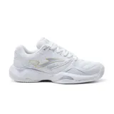 Championes deportivos Joma Master 1000 Lady, color blanco con detalles plateados y logo dorado. Diseñados para pádel, ofrecen amortiguación, protección y comodidad. Fabricados en material sintético PU flexible y resistente con perforaciones VTS para ventilación.