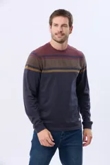 Remera de manga larga con cuello redondo, diseño a rayas horizontales en tonos beige, verde oscuro y gris. Confeccionada en algodón y poliéster.