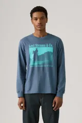 Remera de manga larga Levi's en color azul, con cuello redondo y puños acanalados. Presenta un estampado gráfico frontal en tonos turquesa que muestra la silueta de un vaquero a caballo con el texto 'Levi Strauss & Co.' y la frase 'Quality never goes out of style'.