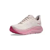 Championes de running Hoka modelo Clifton 10, color rosa claro con detalles en fucsia. Presentan una suela de plataforma amortiguada y logo de la marca en el lateral.