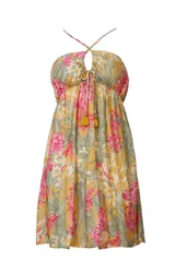 Salida de playa corta con estampado floral, escote halter con cordones ajustables y detalle de borlas en el frente.