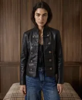 Chaqueta de cuero vacuno negro con cuello alto, diseño de inspiración militar de doble botonadura con botones metálicos dorados y mangas largas.