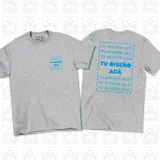 Remera de algodón color gris melange, con diseño de estampado personalizable tanto en el frente como en la espalda.