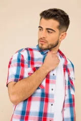 Camisa de manga corta con estampado de cuadros en tonos verdes, azules y blancos. Presenta cuello clásico, cierre frontal con botones y dos bolsillos delanteros con solapa.