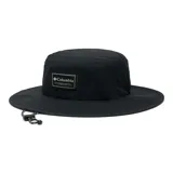Gorro tipo boina de ala ancha Columbia modelo Broad Spectrum II Omni-Shade, color negro, con parche rectangular de la marca en el frente y cordón ajustable para la barbilla.