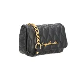 Bandolera negra con diseño matelassé, cadena dorada y logo de la marca en dorado.