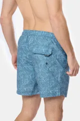 Short de baño azul con estampado de hojas, cintura elástica con cordón ajustable, bolsillos laterales y suspensor de malla fina.
