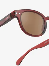 Lentes de sol redondos para niños de 5 a 10 años, con montura color rojo ladrillo y lentes marrones polarizadas.