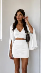 Conjunto de dos piezas compuesto por un top corto tipo crop top con escote cruzado y mangas largas acampanadas con abertura, y una minifalda ajustada con frunces laterales.