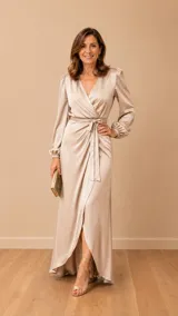 Vestido largo de satén de seda natural en color tostado, con diseño cruzado, escote en V, mangas largas abullonadas con puños elásticos y lazo para ajustar en la cintura.
