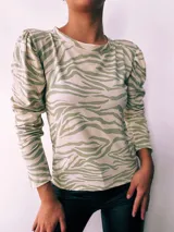 Remera de manga larga con cuello redondo y estampado de cebra en colores verde, rojo, azul y marrón.