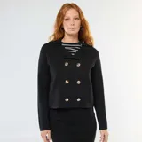 Chaleco negro de punto otomano con doble botonadura dorada y cuello solapa.