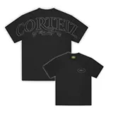 Camiseta negra de algodón pesado con logo Alcatraz estampado en el pecho y logo Royale en la espalda.