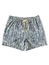 Short de baño color gris con estampado de palmeras, cintura elástica con cordón ajustable y tres bolsillos.