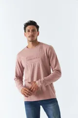 Remera de hombre de manga larga color rosa con cuello redondo y logo bordado en relieve en el pecho.