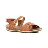 Sandalia de cuero marrón para mujer, con tiras cruzadas en el empeine, detalles perforados y tira ajustable con hebilla en el talón.