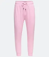 Pantalón deportivo de algodón y poliéster color rosa claro, con cordón ajustable en la cintura y puños elásticos en los tobillos.