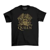 Remera negra de manga corta con estampado frontal en color dorado del logo icónico de la banda Queen.