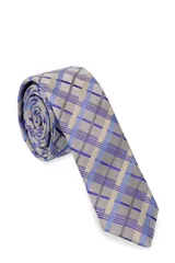Corbatín gris con diseño a cuadros en tonos azul y beige.