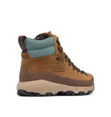 Bota de trekking Columbia modelo Newton Alpine, confeccionada en ante color marrón con detalles en verde azulado en el cuello. Presenta herrajes metálicos para los cordones, banda de caucho protectora en la base y suela de caucho de alta tracción.