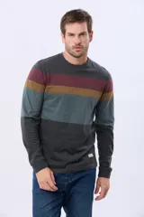 Remera de manga larga con cuello redondo y diseño de rayas horizontales en azul marino, azul claro, beige y verde oscuro. Incluye un pequeño logo bordado en el pecho.