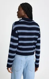 Sweater de punto con diseño a rayas horizontales en tonos azul marino y celeste. Presenta cuello polo estructurado, escote con abertura y botones, y mangas largas con puños ajustados.