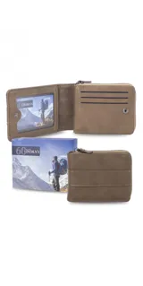 Billetera negra de simil cuero con cierre alrededor y broche frontal. Cuenta con espacio para billetes, tarjetas y documentos.