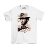 Remera blanca de manga corta con estampa frontal en tonos sepia de Clint Eastwood con sombrero y cigarrillo, incluyendo una firma impresa.