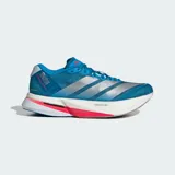 Championes de running Adidas Adizero Boston 13, color azul con detalles en plateado y acentos en fucsia. Presentan una estructura de malla transpirable, mediasuela con tecnología Lightstrike Pro para mayor retorno de energía y suela de caucho Continental para un agarre superior.